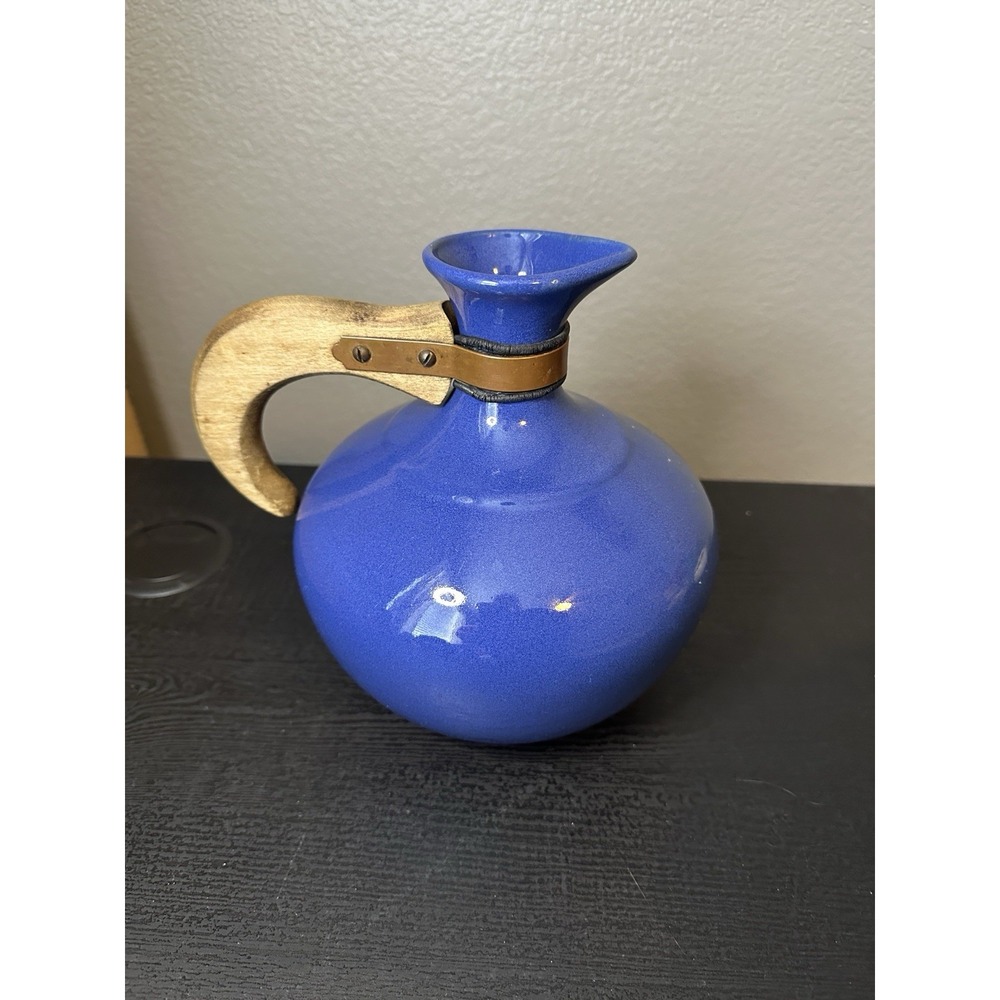 Vintage Bauer Pottery Los Angeles Blue Pitcher Jug Wooden Handle